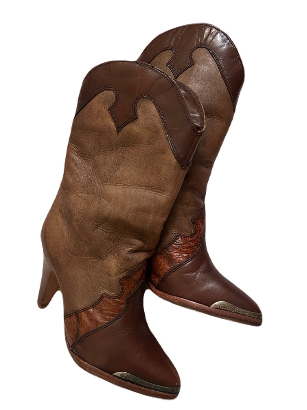 Zodiac Cowboy Boots Brown Western Leather Crocodile Metal Toe Overlay Heeled 6.5